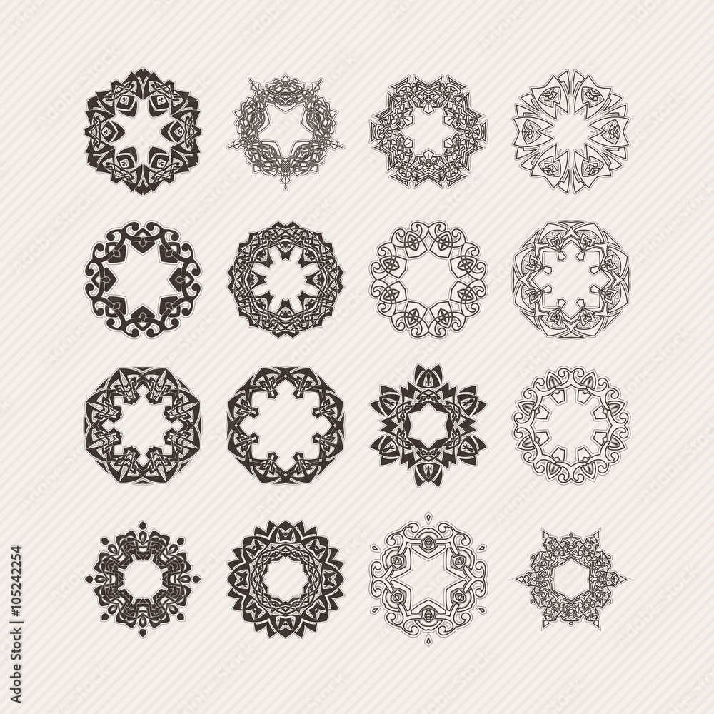 Set of ornate vector mandala borders and frames. Gothic lace tattoos. Celtic weave with sharp corners. Set of ornate vector mandala borders and frames. Gothic lace tattoos. Celtic weave with sharp corners.