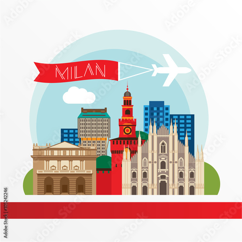 Milan detailed silhouette. Trendy vector illustration, flat style. Stylish colorful  landmarks. Milan Cathedral and La Scala - The symbol of Milan, Italy