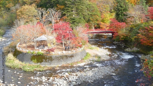 The Fudo stream and the red bridge at Mount Nakano-Momiji, Kuroishi city, Aomori prefecture, Tohoku region, Japan photo