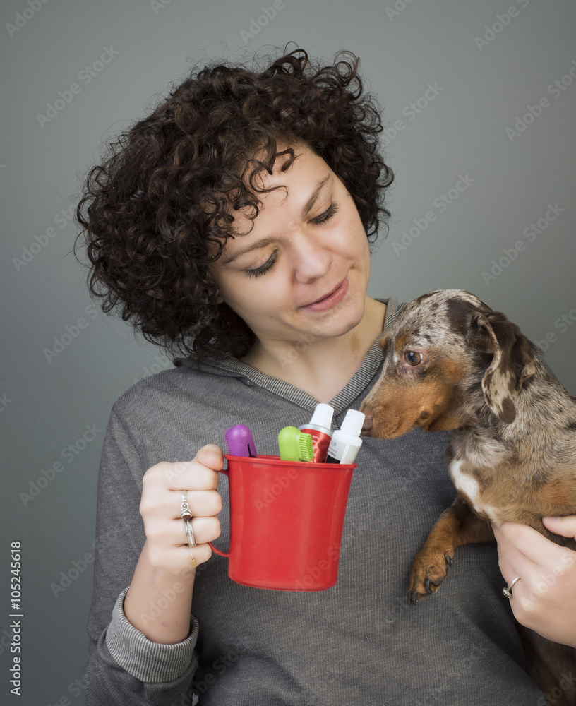 Beautiful young woman with curly brown hair brushes small dachshund's teeth foto de Stock