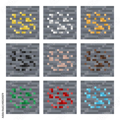 Texture for platformers pixel art vector: stone ore mineral blocks: silver, gold, coal, gem, iron