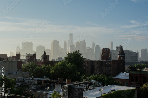 Manhattan skyscrapers view from Brownstone  Brooklyn