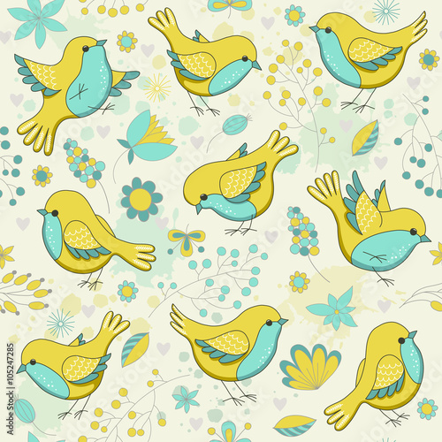 Vector seamless floral pattern with birds