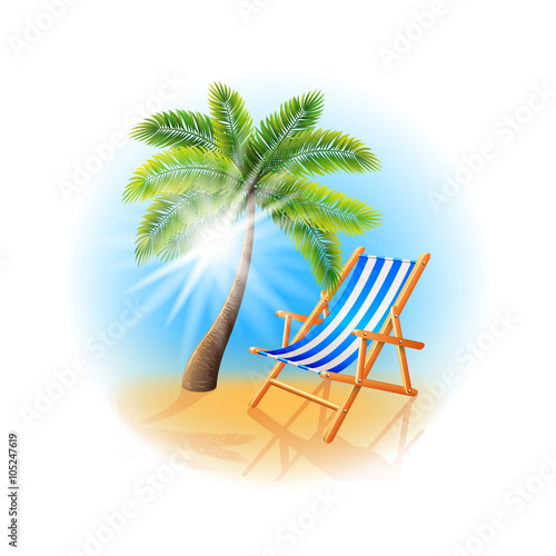Palm tree and deck chair isolated on white vector