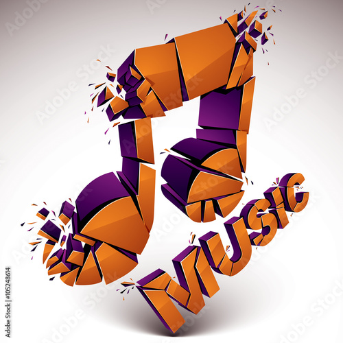 3d vector orange demolished musical notes, music word. Dimension