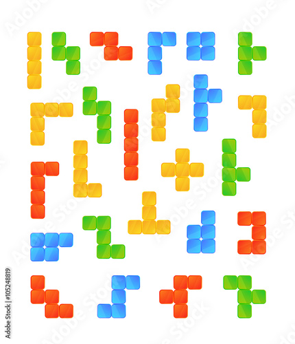 Large set of bright colourful tetris game pieces on white