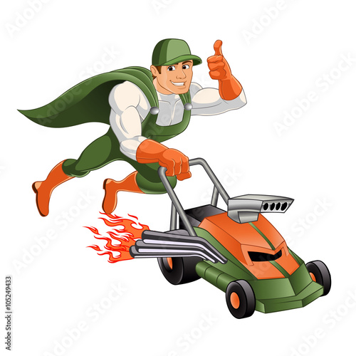 superhero Mowing Lawn Mower Cartoon