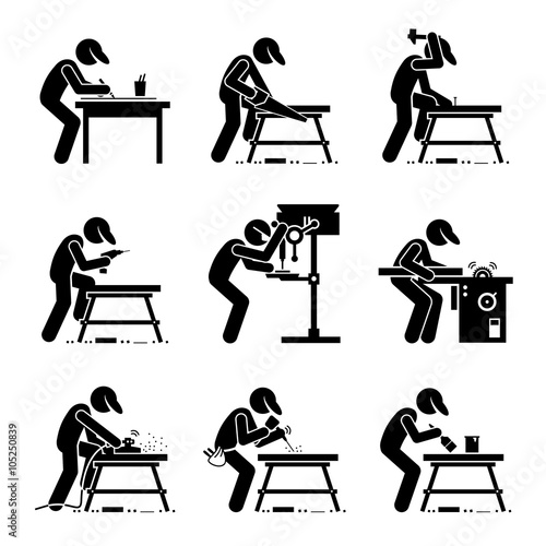 Carpenter using Woodworking Tools and Equipment with a Workbench at a Workshop