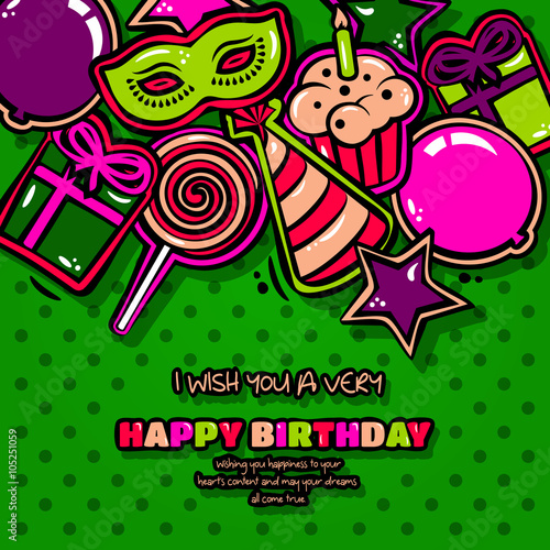 Birthday card with items, balloon, cake, hat, star, lollipop, masquerade and gift on dotted background. Vector