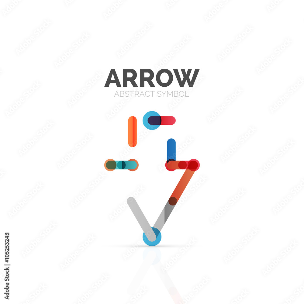 Linear arrow abstract logo, connected multicolored segments of lines in directional pointer figure Linear arrow abstract logo, connected multicolored segments of lines in directional pointer figure