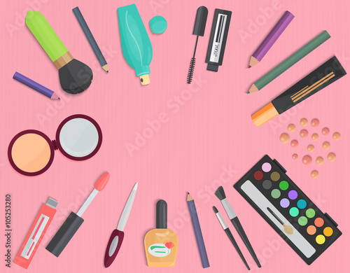 Set of colorful cosmetic isolated on a pink background. Top view. 