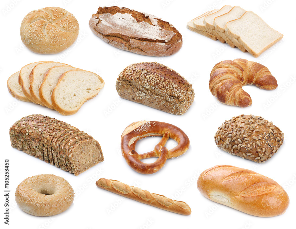 Sammlung Brot Brote Backwaren Brötchen Freisteller freigestellt Sammlung Brot Brote Backwaren Brötchen Freisteller freigestellt