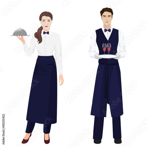 Young beautiful waitress and handsome waiter at restaurant isolated. photo