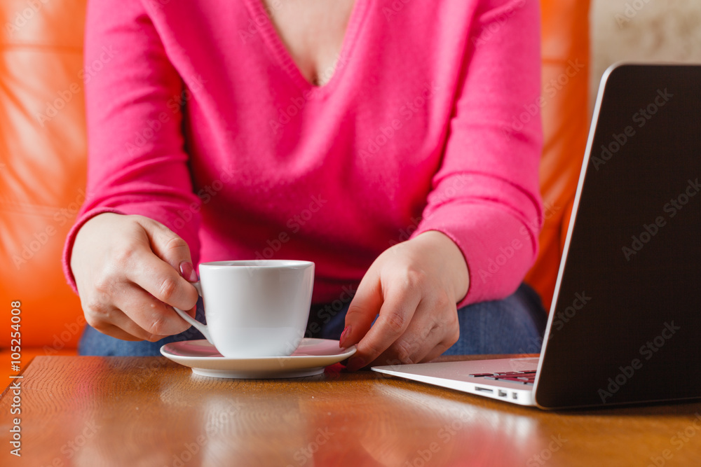 Woman drink tea and eat sweets Woman drink tea and eat sweets