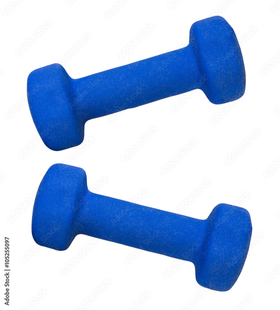 Blue dumbbells with a soft coating isolated on white background Blue dumbbells with a soft coating isolated on white background