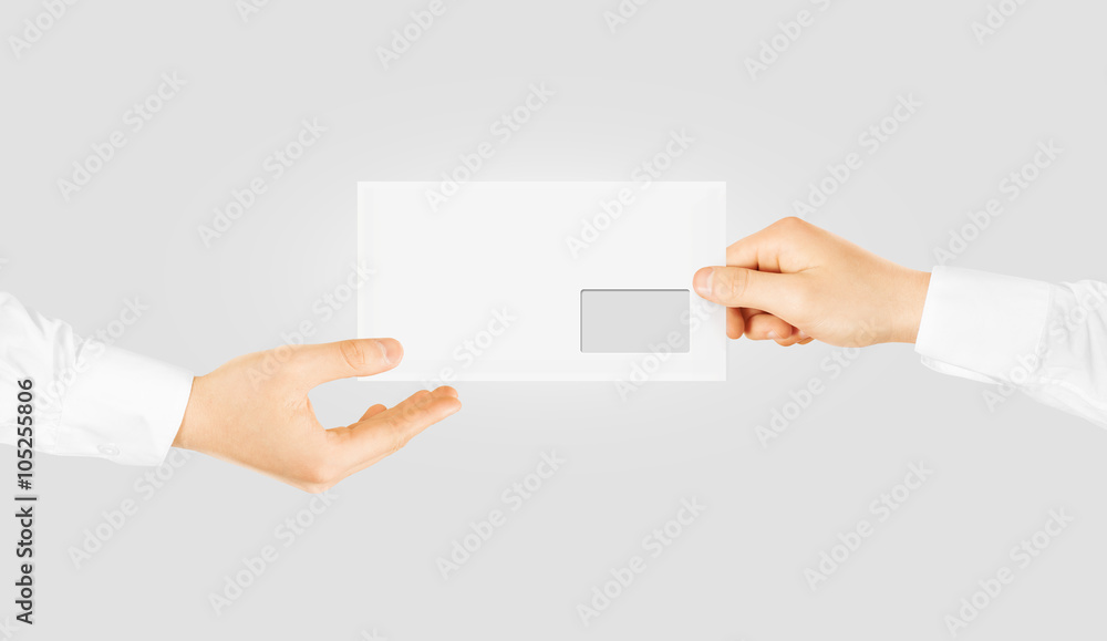White blank envelope giving hand. Envelope mockup design. White blank envelope giving hand. Envelope mockup design.