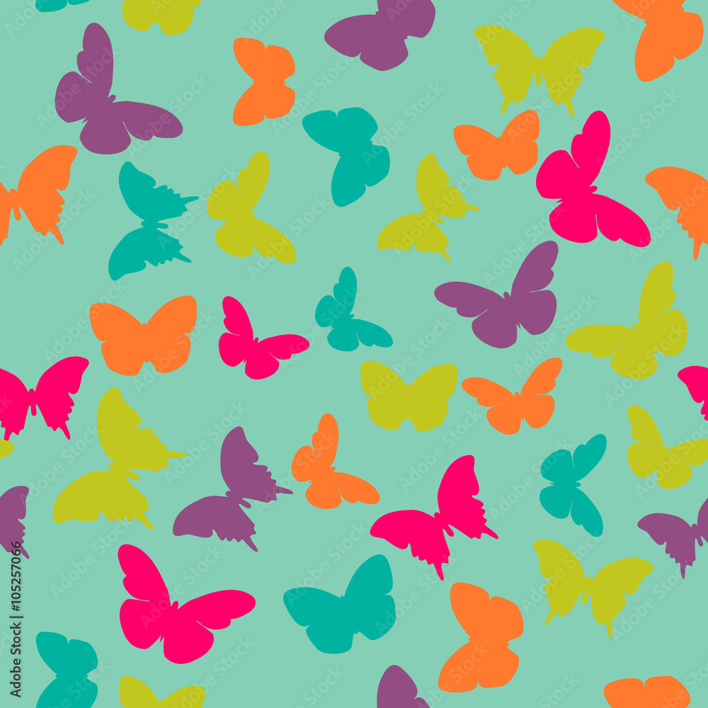 Vector seamless pattern with random purple, pink, orange, green butterflies on blue background. Vintage design for wrapping, textile, fabric, invitation, greeting, wedding cards, websites