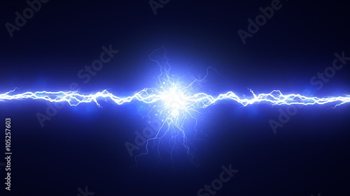 Electric arc on black background. Two lightnings converge at one point. It forms a bright glow.