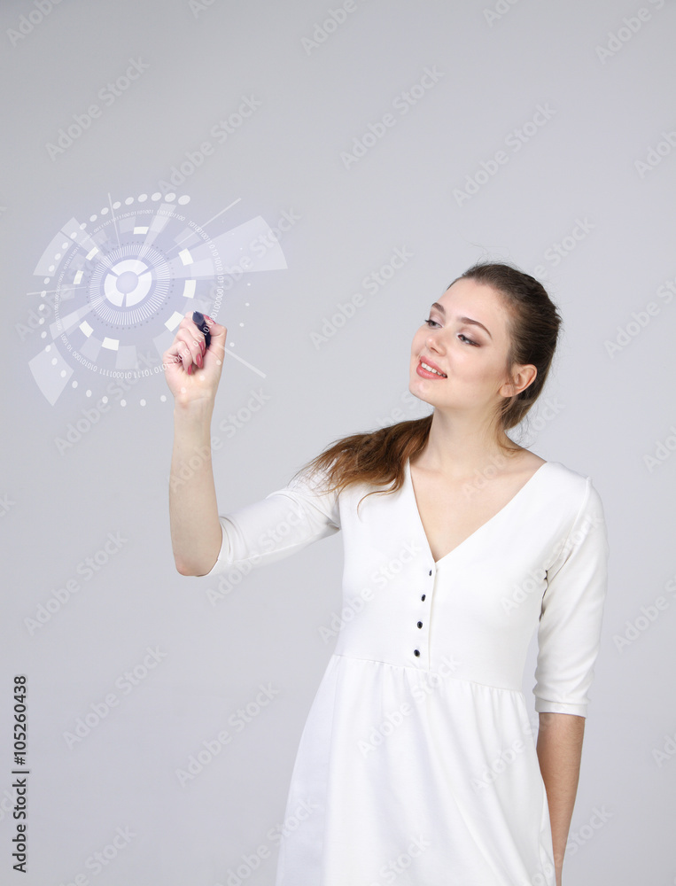 Future technology. Woman working with futuristic interface Future technology. Woman working with futuristic interface