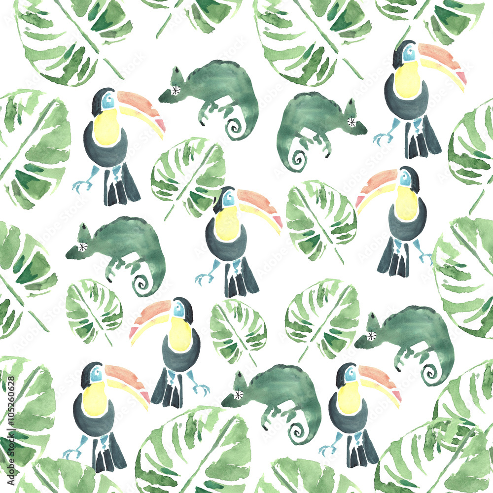 Hand drawn watercolor seamless pattern of tropical animals. Toucan,  chameleon lizard and palm leaf. Can use them for your design, in prints,  card making, postcards or even for printing on fabrics. Stock