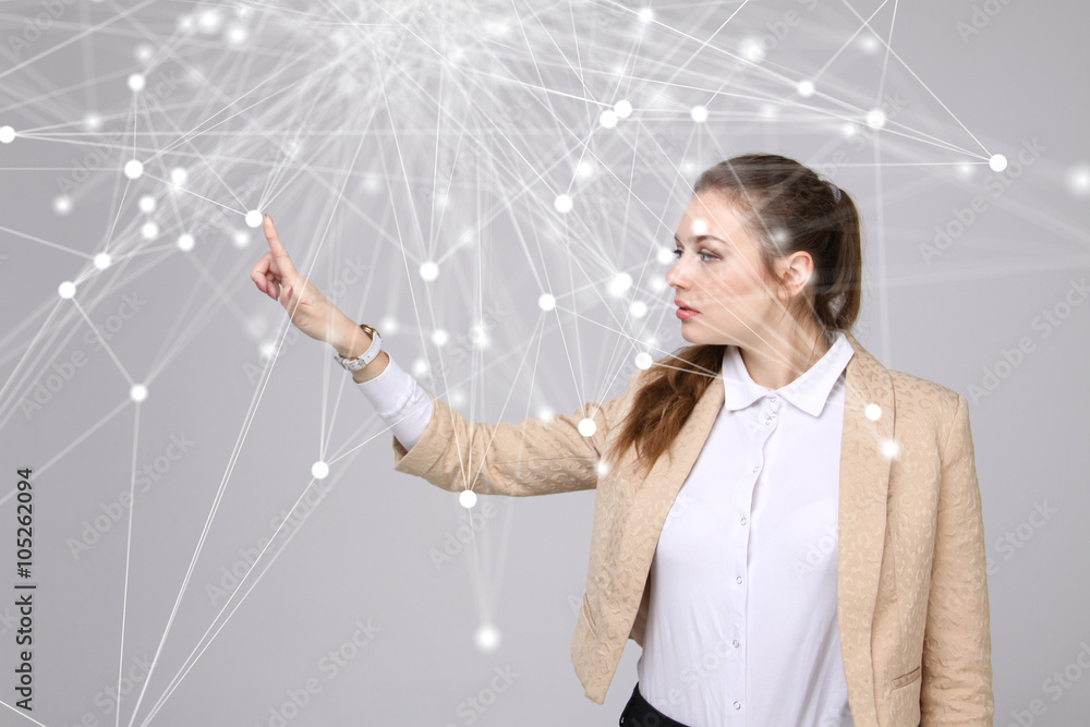 Global network connection concept, woman working with futuristic interface. Global network connection concept, woman working with futuristic interface.