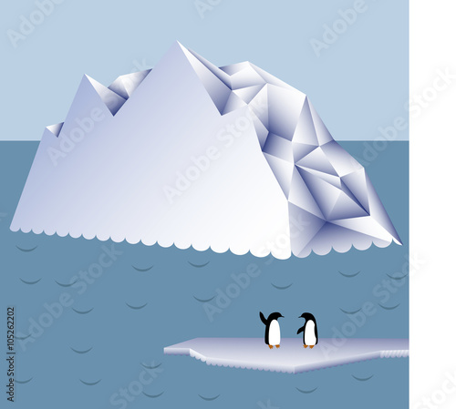 Penguins on an ice floe in the background of icebergs. Vector illustration