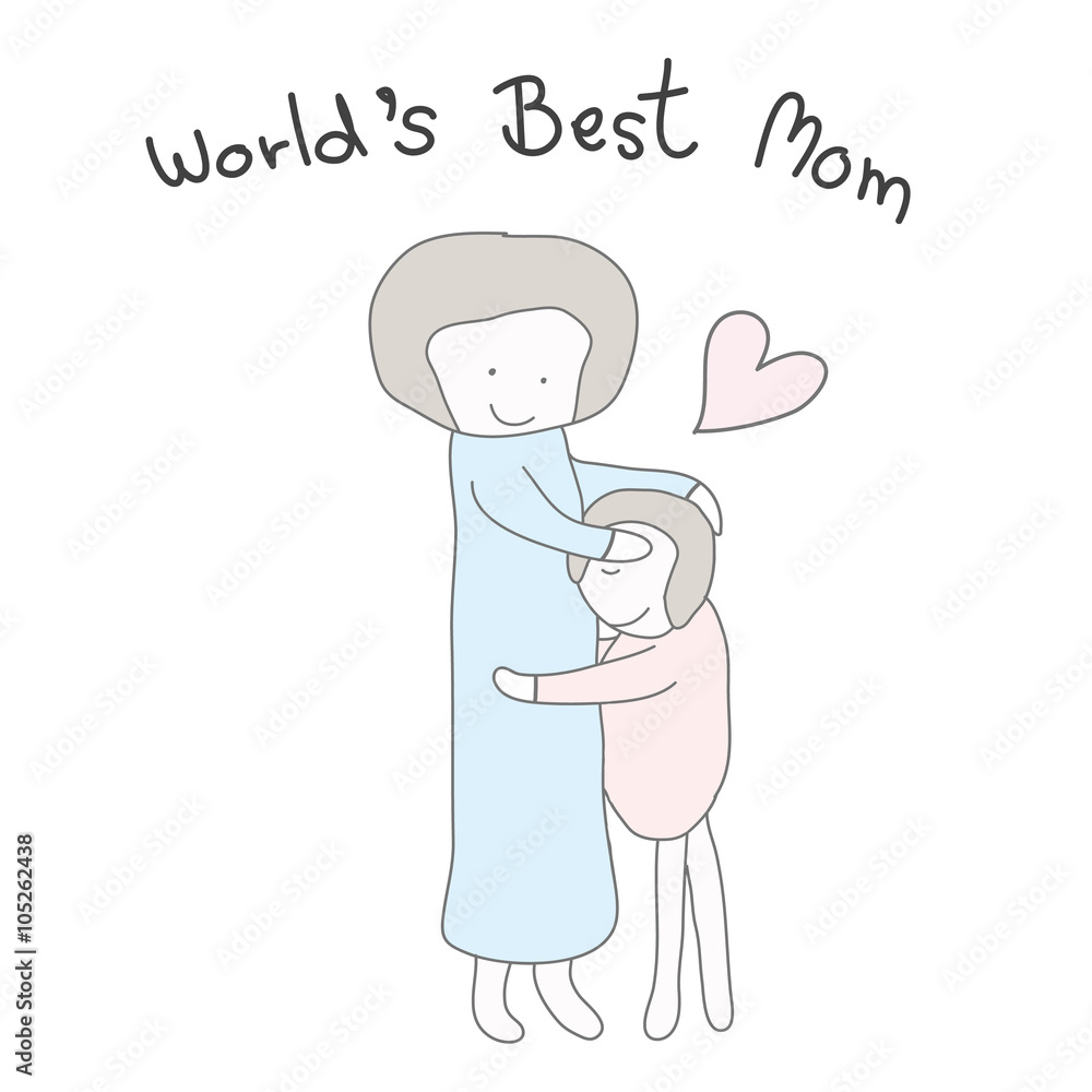 Mom hug children with heart pastel color hand drawn with word wo Mom hug children with heart pastel color hand drawn with word wo