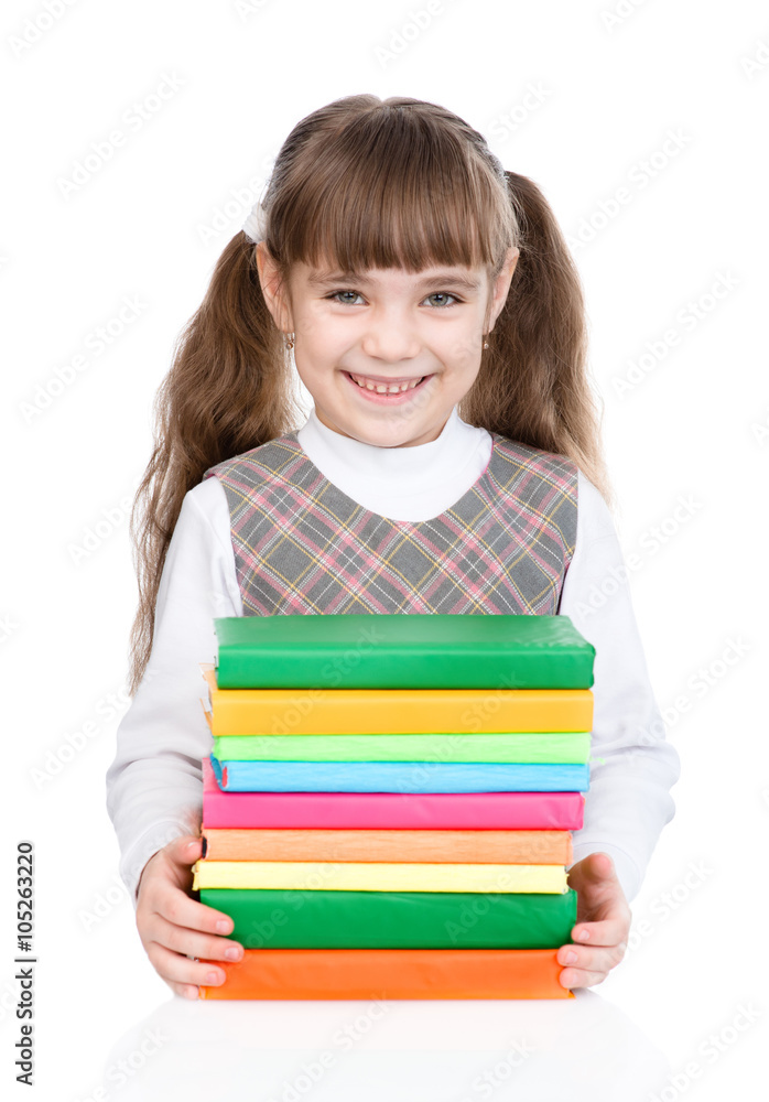 little happy girl with pile books. isolated on white background little happy girl with pile books. isolated on white background