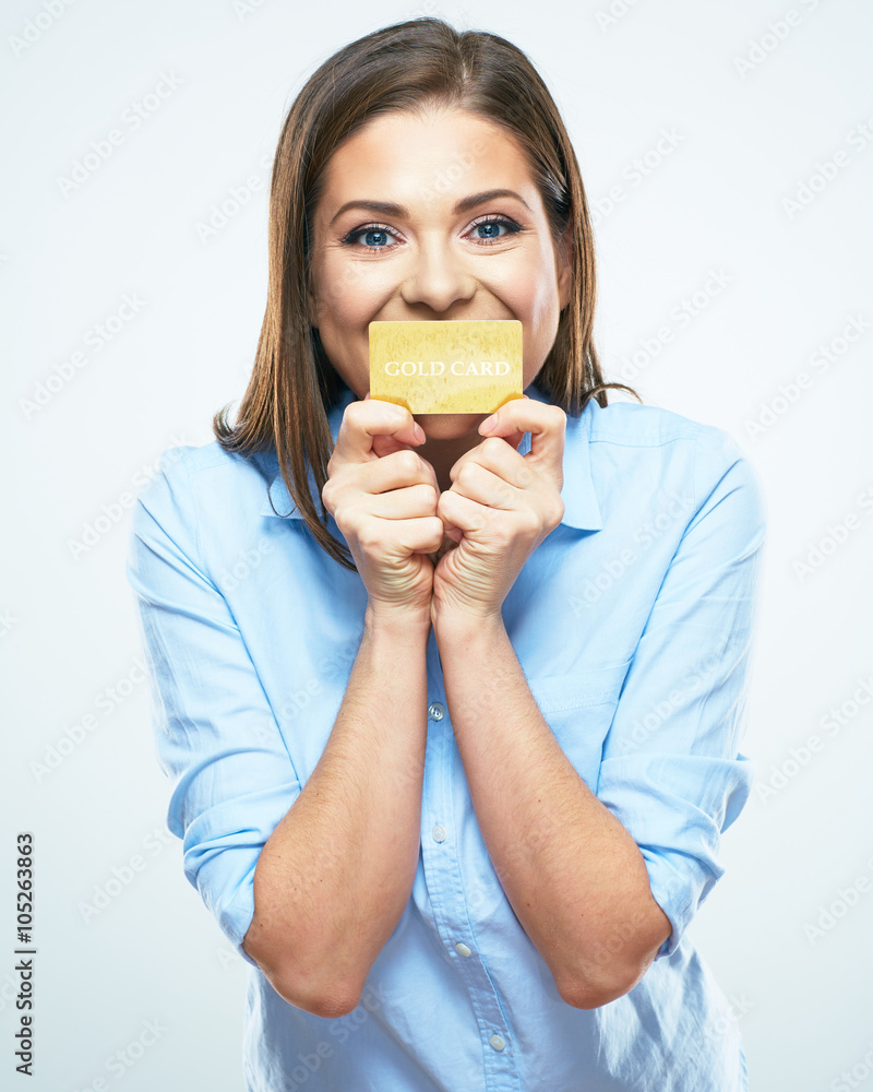 Funny smiling business woman hold credit card. Funny smiling business woman hold credit card.