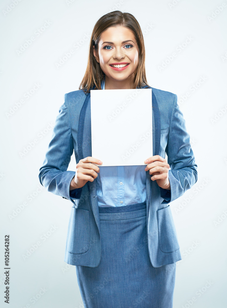 Smiling business woman show white blank sign board. Smiling business woman show white blank sign board.