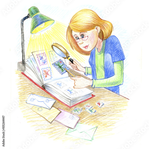 Philatelist, the study of stamps, magnifying glass, lamp..Drawn with colored pencils, drawing hands.
