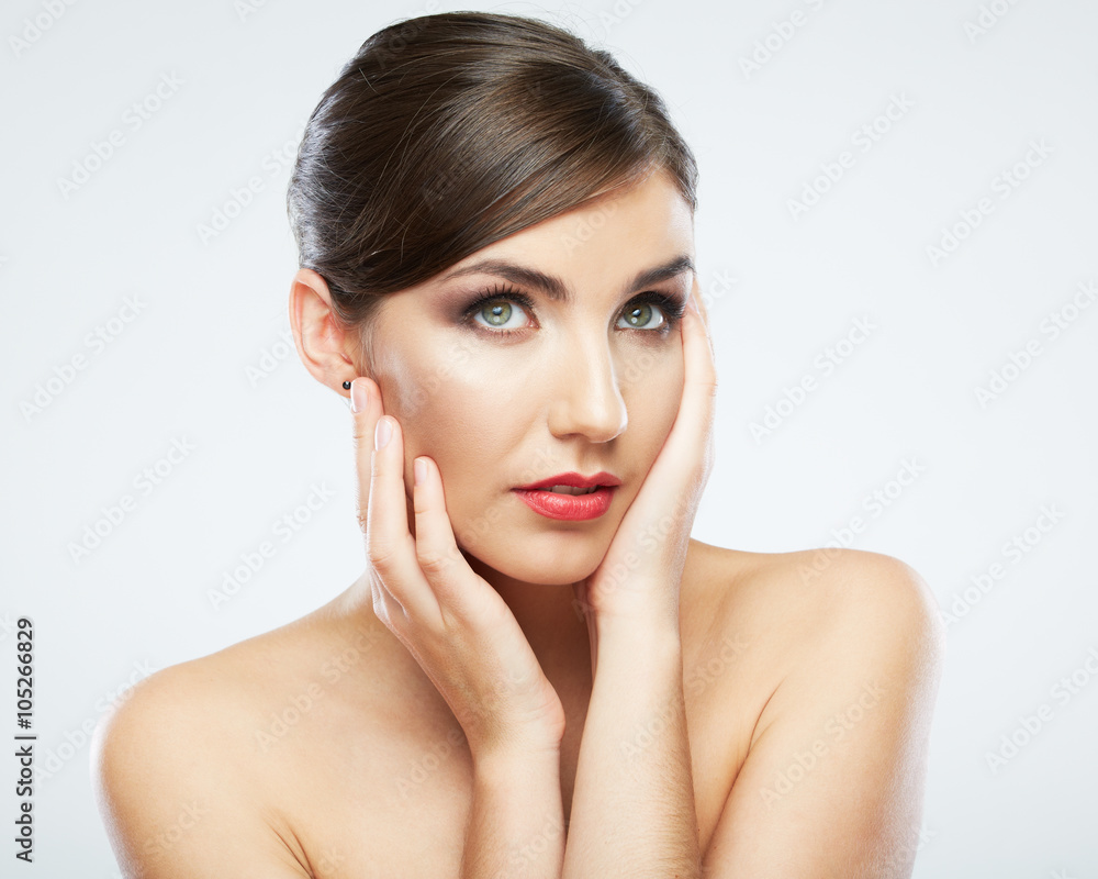 Woman face close up beauty portrait. Female model poses