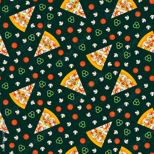 Seamless pattern of pizza slices with ingredients