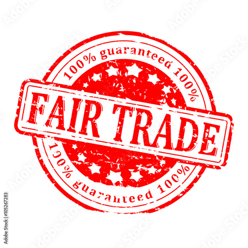 Scratched round red stamp with the word - fair trade - vector svg