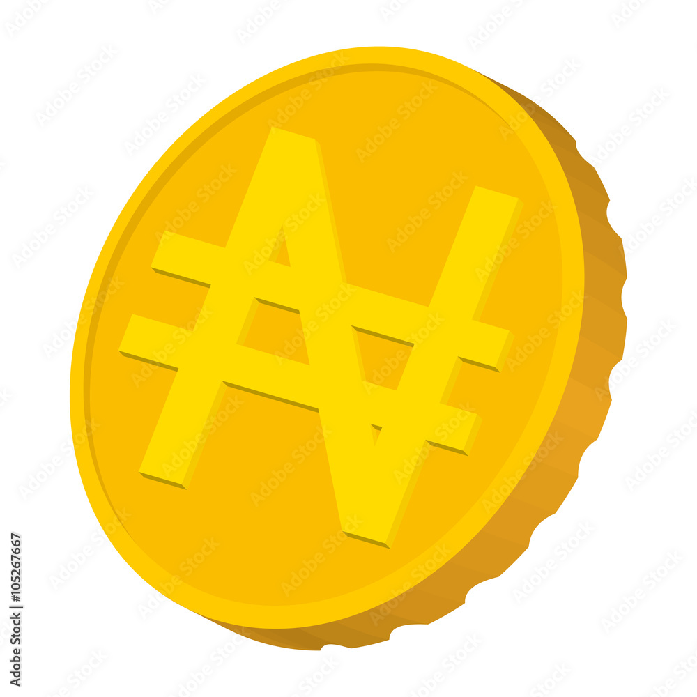 Gold coin with Nairas sign icon, cartoon style Gold coin with Nairas sign icon, cartoon style