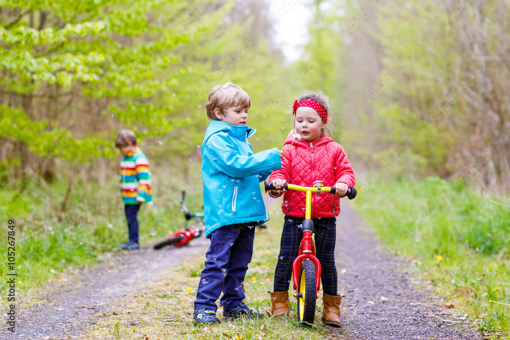 Boy and girl with bicycles and blowing dandelion Boy and girl with bicycles and blowing dandelion