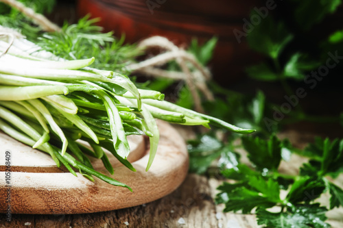 Ramson and herbs on a wooden cutting board, selective focus