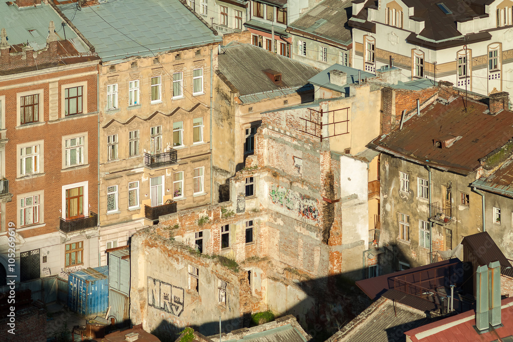 Destroyed house. Lviv, Ukraine. European travel photo.