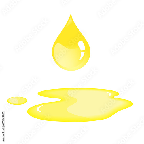 Oil drop and puddle. Sunflower oil drop. Isolated yellow oil drop. Oil drop and spill in vector. Shiny liquid.