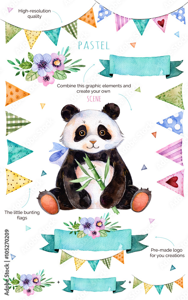 Obraz premium Happy Birthday collection!Pattern with individual elements for your own design:flowers,bunting flags,cute panda,bouquets,garlands,ribbons,Perfect for birthday cards,mother's day,baby cards,invitation