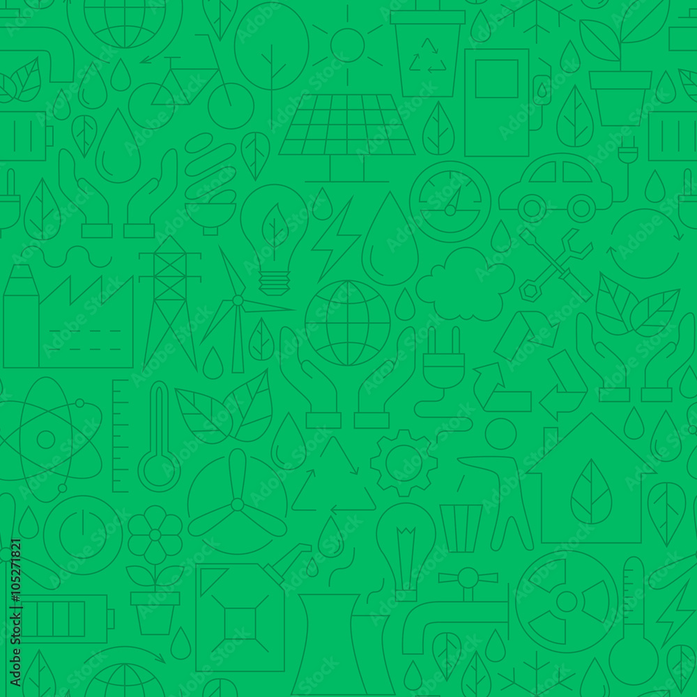 Fototapeta premium Thin Line Green Power Eco Seamless Pattern