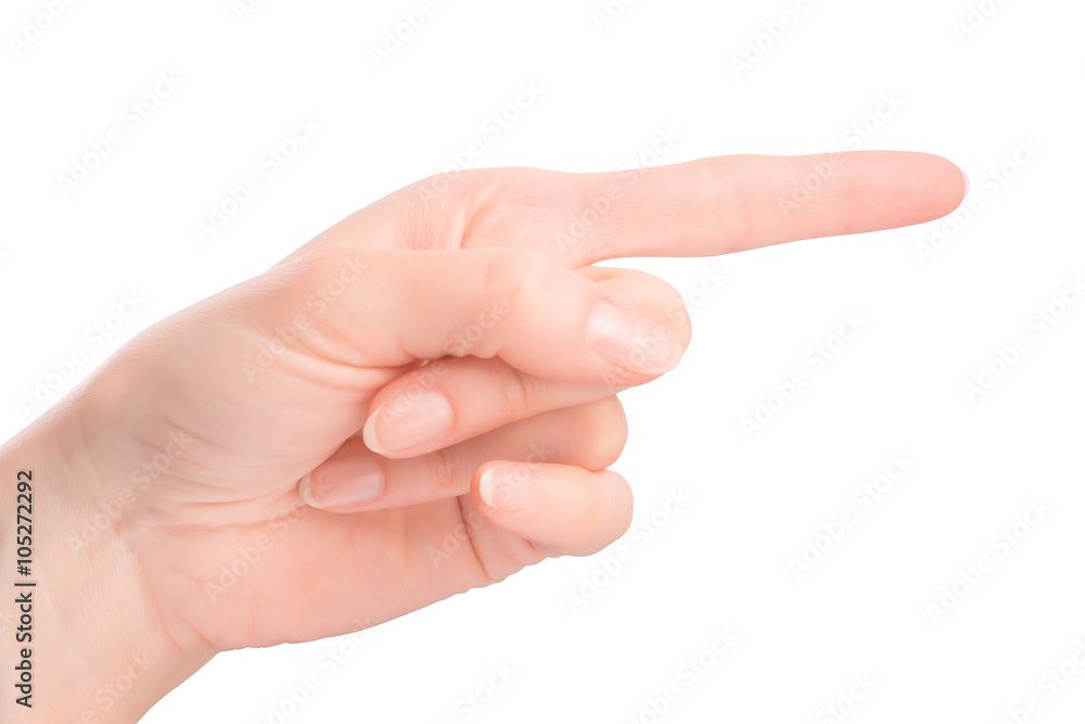 Female hand gesture of a pointing finger Female hand gesture of a pointing finger