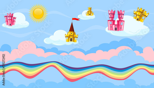 Seamless editable celestial cloudscape with colorful castles and rainbow for game design