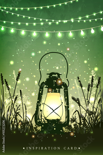 Amazing vintage lanten on grass with magical lights of fireflies at night sky background. Unusual vector illustration. Inspiration card for wedding, date, birthday, tea or garden party