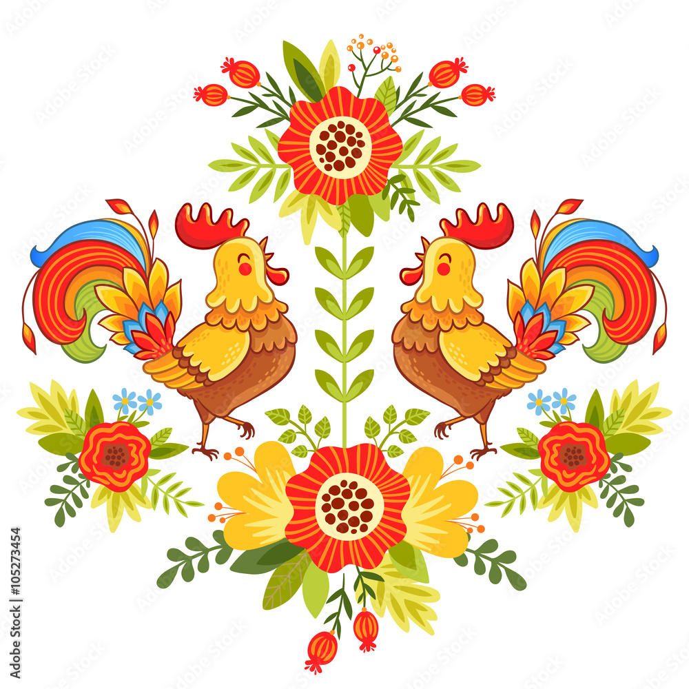 Obraz premium Folk ornament with flowers, traditional pattern. Vector illustration of bright and colorful roosters flower on a white background.
