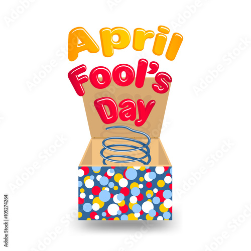 Inscription "April Fools Day" jumps out of the gift box. Composition on a white background. 
