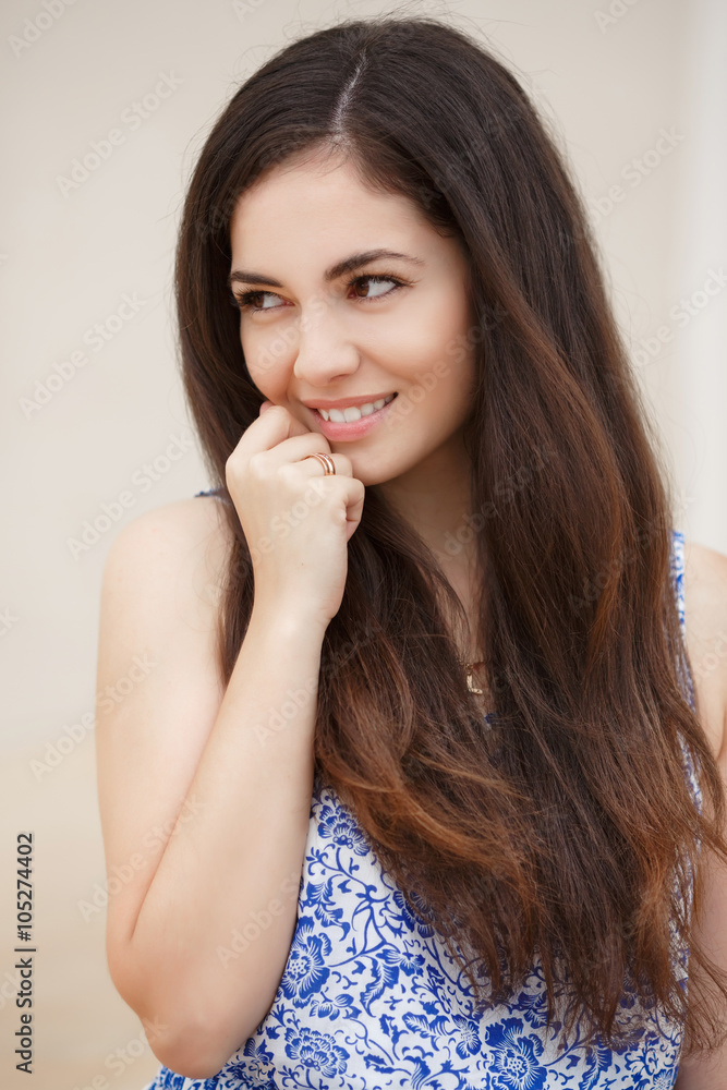 Happy young woman smiling outdoor portrait, pretty girl at street Happy young woman smiling outdoor portrait, pretty girl at street