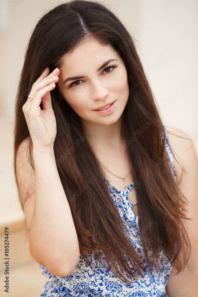 Happy young woman smiling outdoor portrait, pretty girl at street Happy young woman smiling outdoor portrait, pretty girl at street