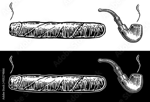Smoking pipe and cigar. Vector vintage engraved black illustration isolated on white background.