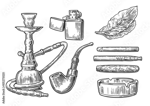 Set of vintage smoking tobacco elements. Monochrome style. Hookah, lighter, cigarette,  cigar, ashtray, pipe, leaf, mouthpiece. Vector vintage engraved black illustration isolated on white background.